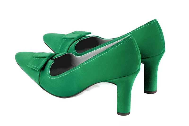 Emerald green women's dress pumps, with a knot on the front. Tapered toe. High kitten heels. Rear view - Florence KOOIJMAN